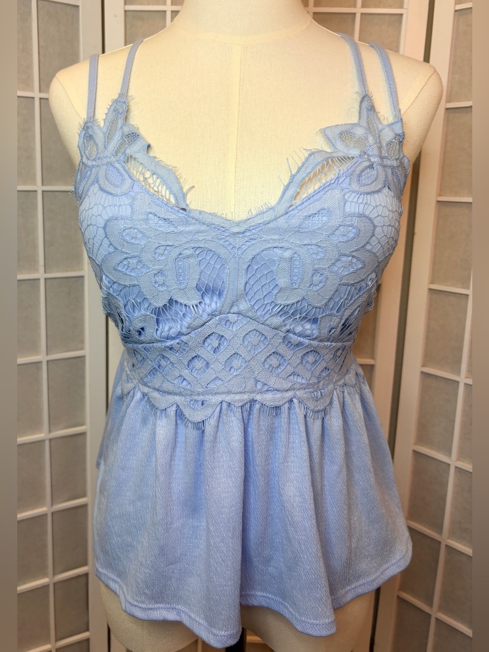 Lace Bodice Strappy Light Blue Babydoll Top XS